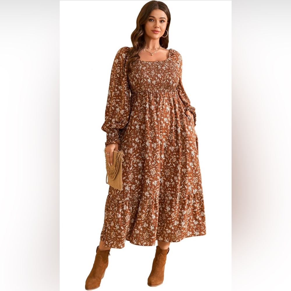 Women’s Rust Floral Smocked Maxi Dress